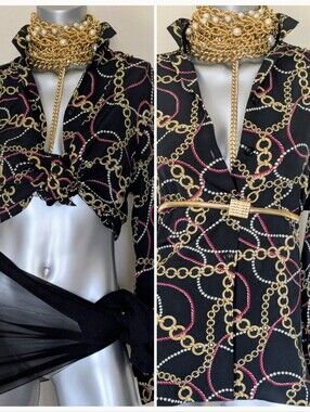 Vintage BonWorth 90S Black Button-Front Chain Print Blouse